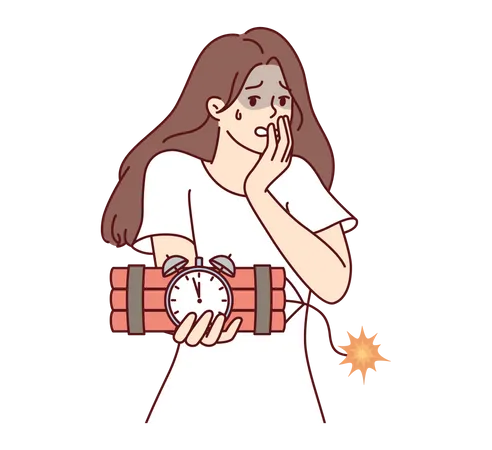 Girl holding time bomb and feeling scary  Illustration