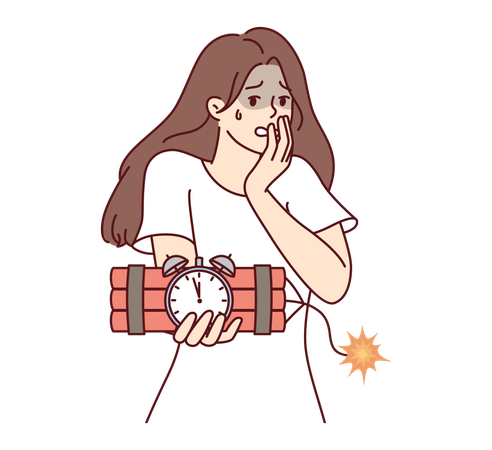 Girl holding time bomb and feeling scary  Illustration