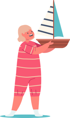 Girl Holding Toy Ship Playing and Smiling Illustration