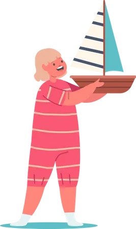 Girl Holding Toy Ship Playing and Smiling  Illustration