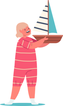 Girl Holding Toy Ship Playing and Smiling  Illustration