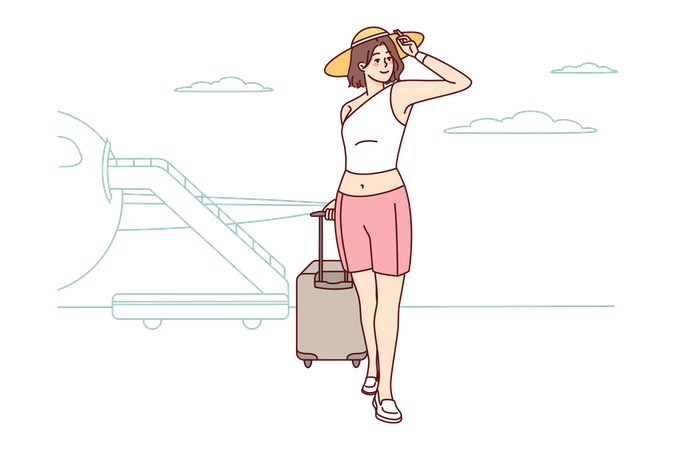 Girl holding travel bag and going for summer vacation  Illustration