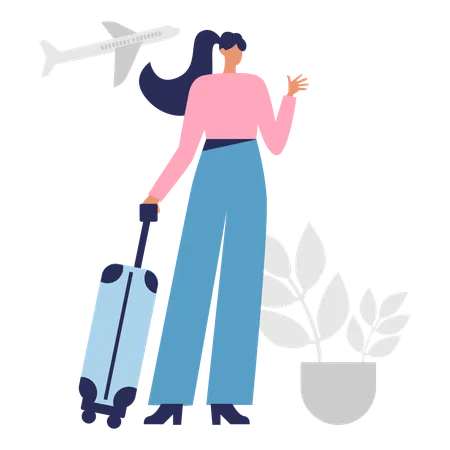 Girl holding travel bag while Plane Landing  Illustration