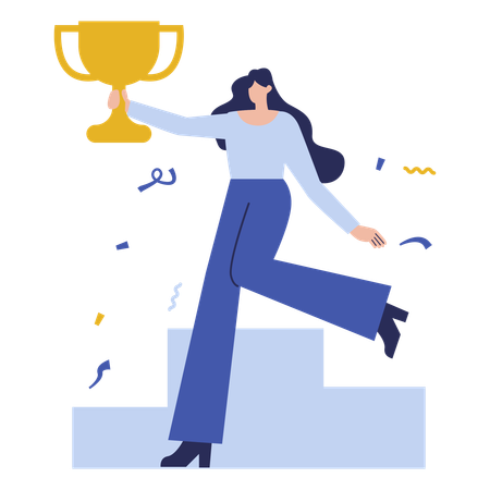 Girl holding trophy cup while doing Achievement Celebration  Illustration