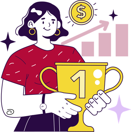Girl holding trophy while getting financial success  Illustration