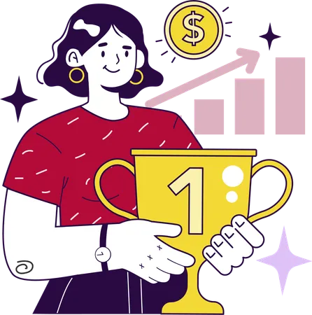 Girl holding trophy while getting financial success  Illustration