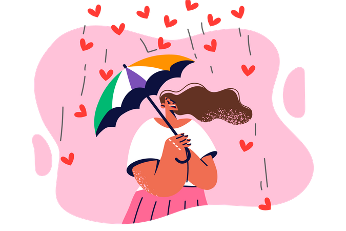 Girl holding umbrella and enjoying love rain  Illustration