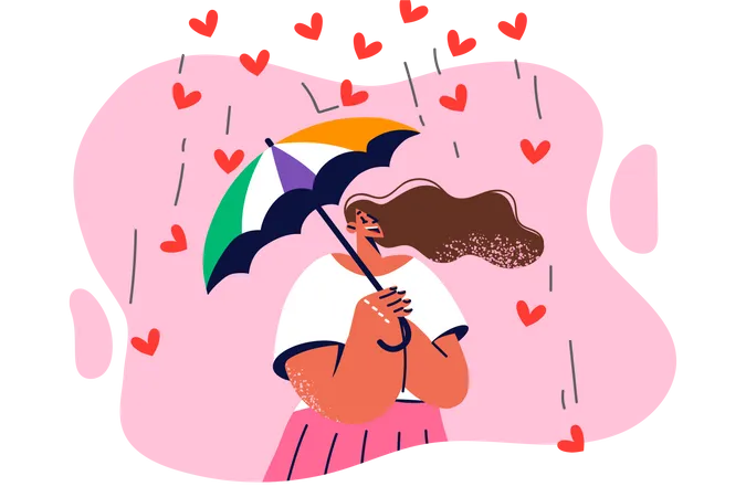 Girl holding umbrella and enjoying love rain  Illustration