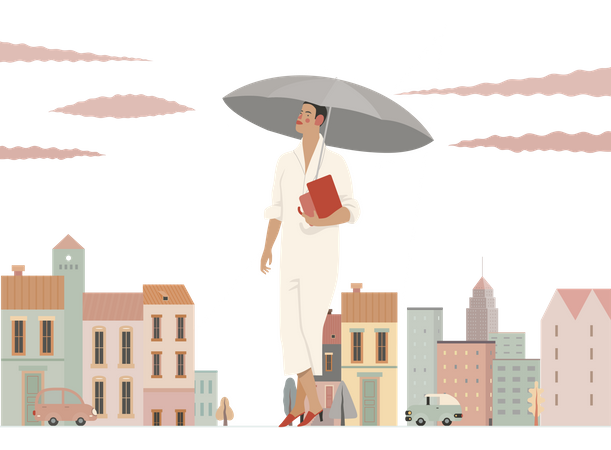Girl holding umbrella in rainy day Illustration