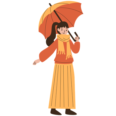 外に出ながら傘を差している女の子  イラスト