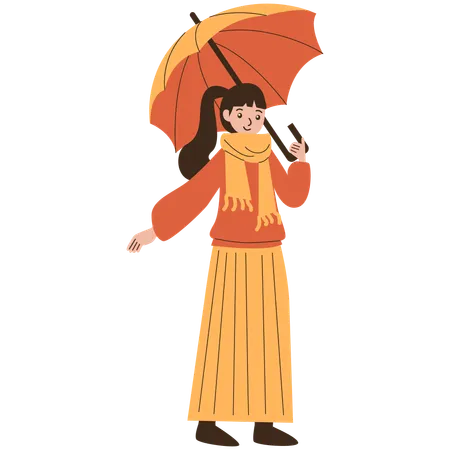 外に出ながら傘を差している女の子  イラスト