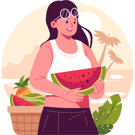 Girl holding watermelon  イラスト