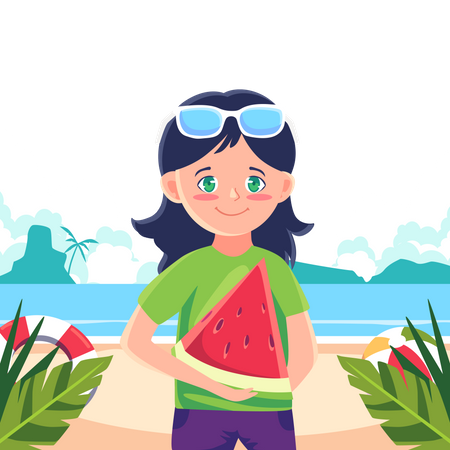Girl holding watermelon slice Illustration
