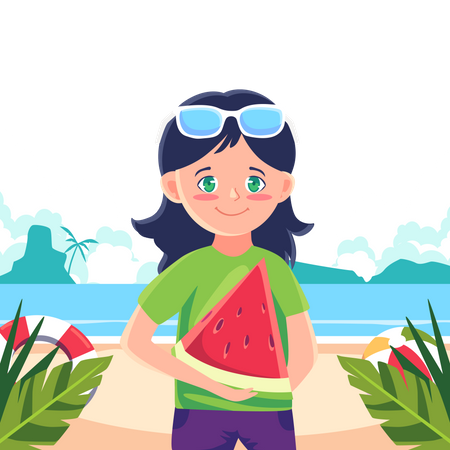 Girl holding watermelon slice  Illustration