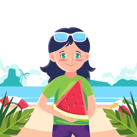 Girl holding watermelon slice  Illustration