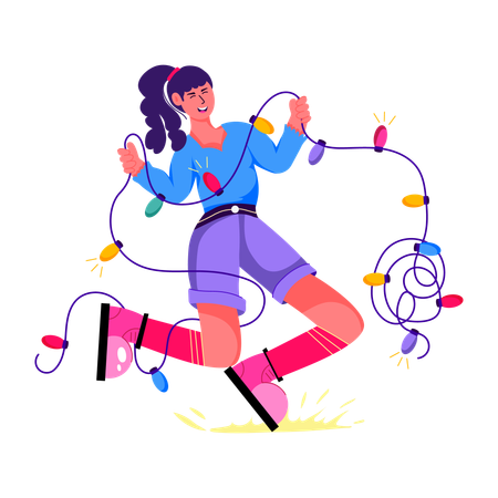 Girl Holding Xmas Lights  Illustration