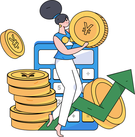 Girl holding yen coin while doing financial calculation  Illustration