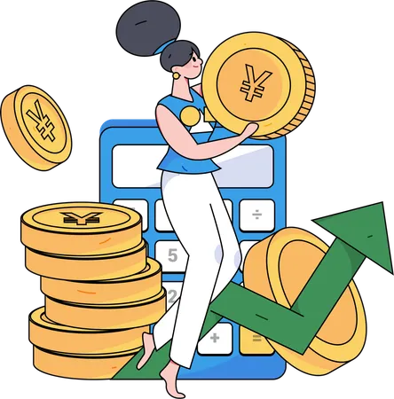 Girl holding yen coin while doing financial calculation  Illustration