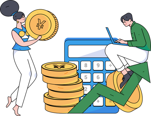 Girl holding yen coin while doing man doing financial calculation  Illustration