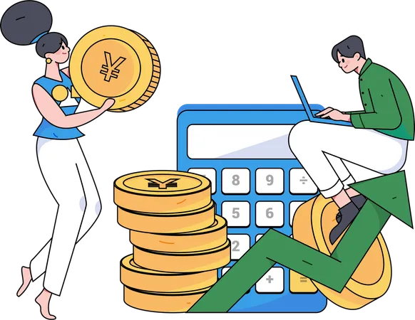 Girl holding yen coin while doing man doing financial calculation  Illustration