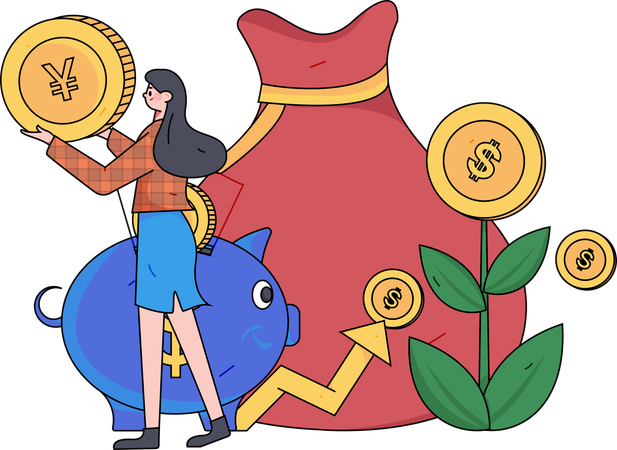 Girl holding yen coin while getting financial analysis  Illustration