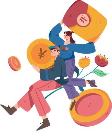 Girl holding yen coin while man holding yen coin  Illustration