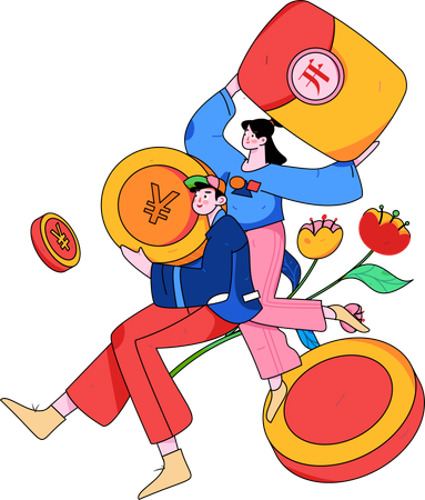 Girl holding yen coin while man holding yen coin  Illustration