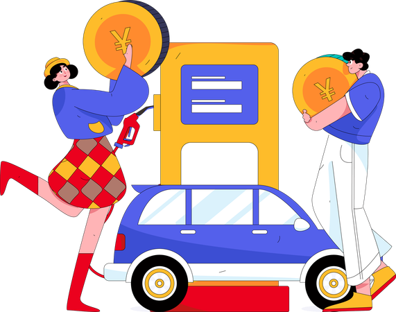 Girl holding yen coin while standing at fuel station  Illustration