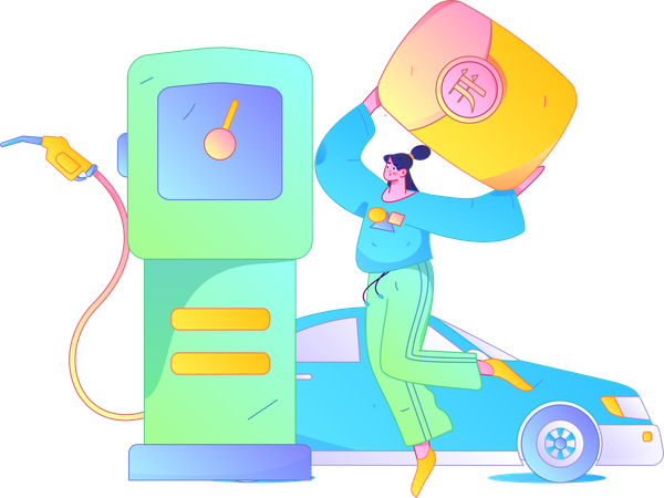 Girl holding yen coin while standing at fuel station  Illustration