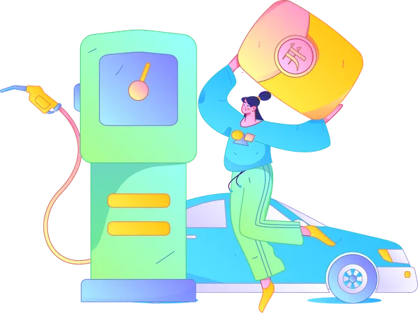 Girl holding yen coin while standing at fuel station  Illustration