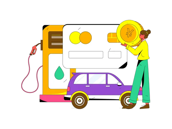 Girl holding yen coin while standing at fuel station  Illustration