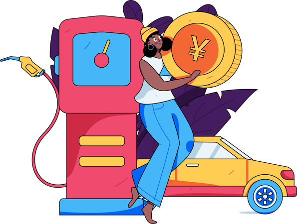 Girl holding yen coin while standing at fuel station  Illustration