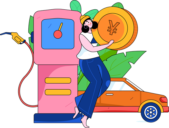 Girl holding yen coin while standing at fuel station  Illustration