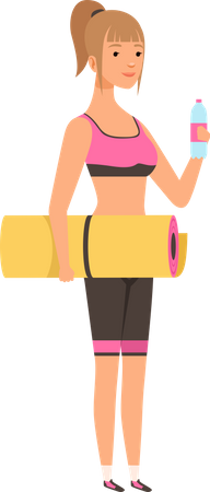 Girl holding yoga mat with water bottle Illustration