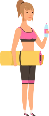 Girl holding yoga mat with water bottle  Illustration