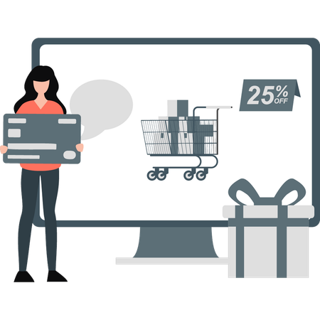 Girl holds credit card while shopping online  Illustration