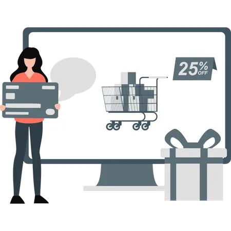 Girl holds credit card while shopping online  Illustration