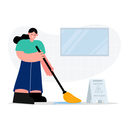Girl housekeeping worker mopping the floor  Illustration