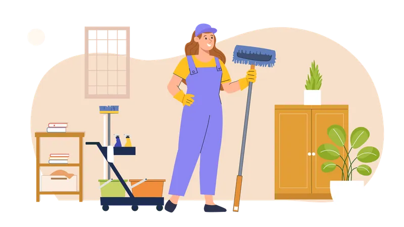 Girl housekeeping worker mopping the floor  Illustration