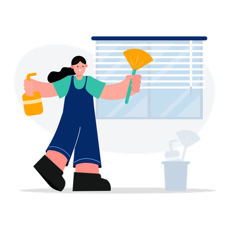 Girl housekeeping worker windows clean service  Illustration