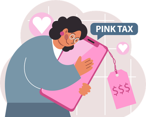 Girl hugging mobile while paying pink tax  일러스트레이션