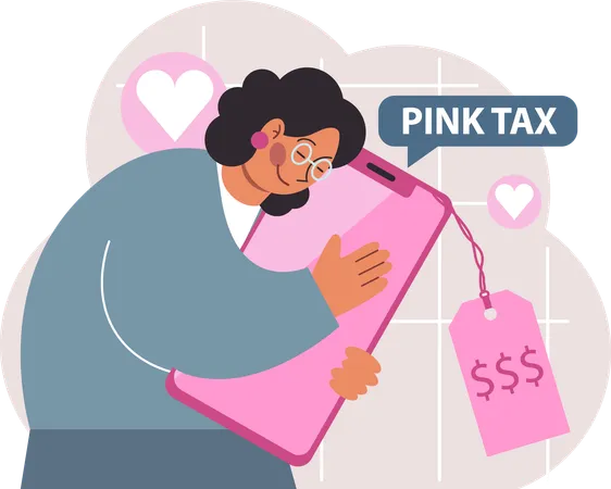 Girl hugging mobile while paying pink tax  일러스트레이션