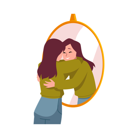 Girl hugging the reflection in mirror  Illustration