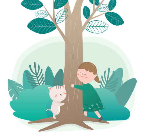 Girl hugging tree trunk Illustration