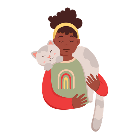Girl Hugging With Cat  Illustration