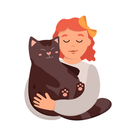 Girl Hugging With Cat  Illustration