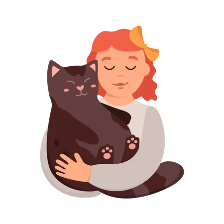 Girl Hugging With Cat  Illustration