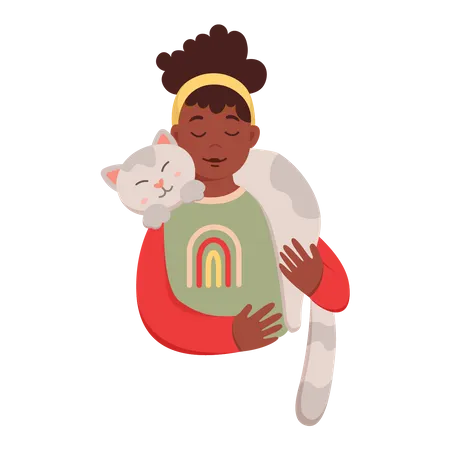 Girl Hugging With Cat  Illustration