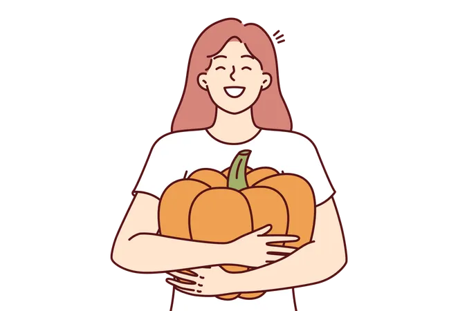 Girl Hugs Pumpkin And Smiles Widely Rejoicing At Good Harvest And Opportunity To Make Jack O Lantern For Halloween Holiday Happy Woman With Pumpkin In Hands Laughing Preparing For Thanksgiving Illustration