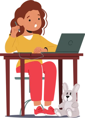 Creative Young Girl Character Immersed In Technology Kid Sit At Desk With Laptop And Graphic Tablet Exploring Digital Realms And Unleashing Artistic Potential Cartoon People Vector Illustration Illustration